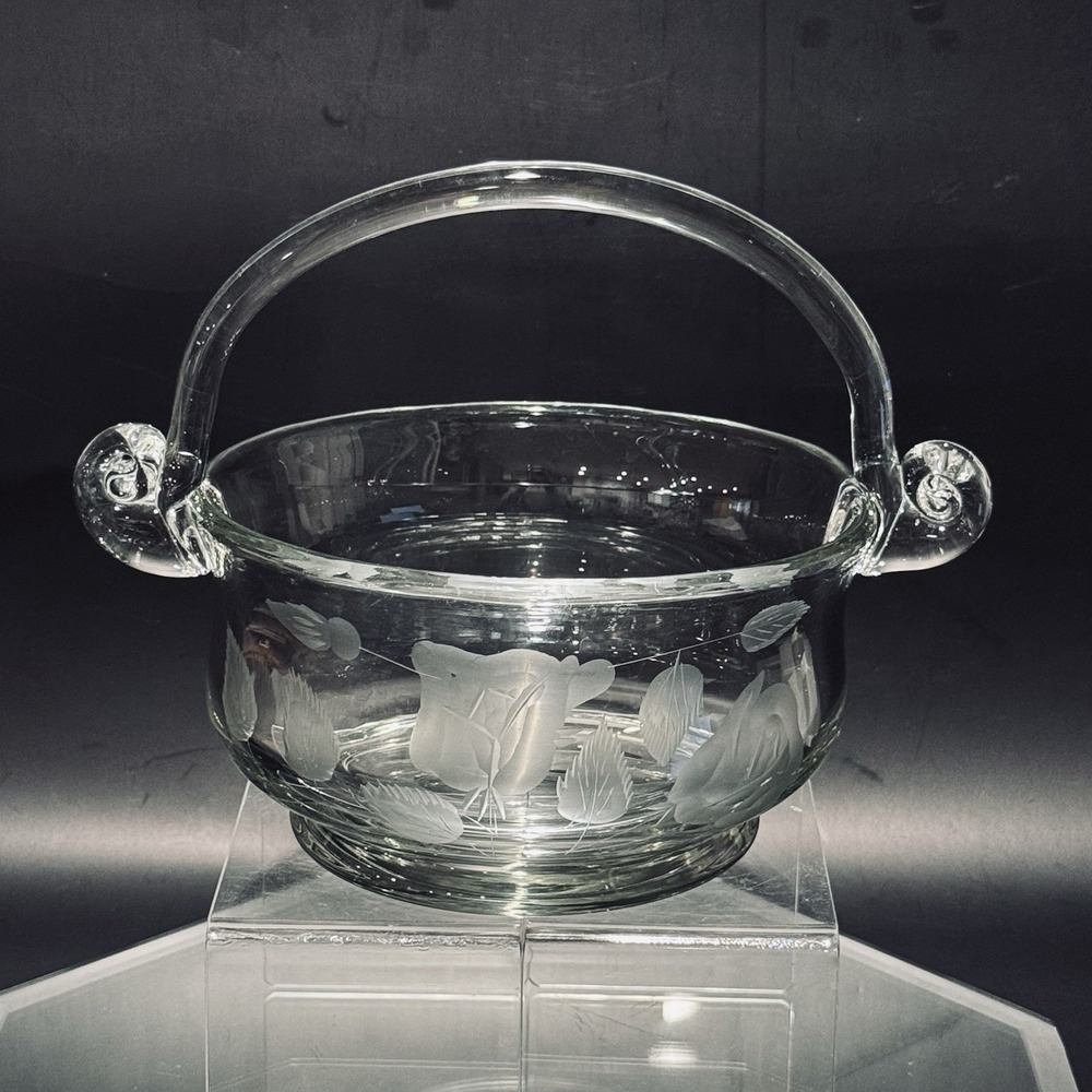 Vintage Crystal Centerpiece Display Decor Basket Bowl Clear Floral‎ Etched Heavy
